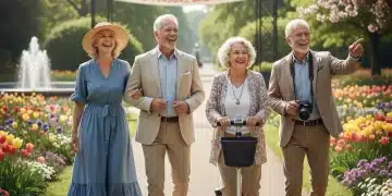 Grupo de jubilados sonriendo y disfrutando de un paseo, representando el bienestar tras el aumento de pensiones.