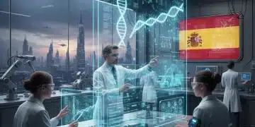 Científicos españoles analizando datos genómicos avanzados en un laboratorio futurista