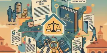 Esquema visual de la nueva ley de vivienda en España 2026, con documentos legales y figuras de inquilinos y propietarios.