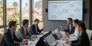 Líderes empresariales españoles debatiendo sobre transformación digital en un entorno moderno.
