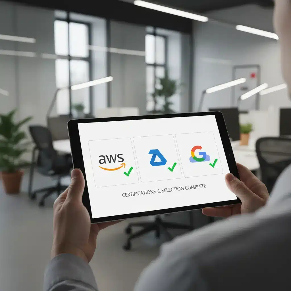 Logos de proveedores cloud AWS, Azure, Google Cloud en una pantalla, simbolizando elección de certificación