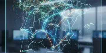 Mapa digital de España con conexiones de IA y datos, representando la Estrategia Nacional de Inteligencia Artificial 2026.