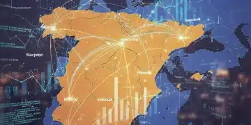 Mapa de España conectado a la UE con gráficos financieros, representando el impacto económico de las directrices europeas.