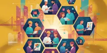Mujeres y hombres de diversas edades aprendiendo en línea, con iconos digitales flotando alrededor, simbolizando microcredenciales y desarrollo profesional.