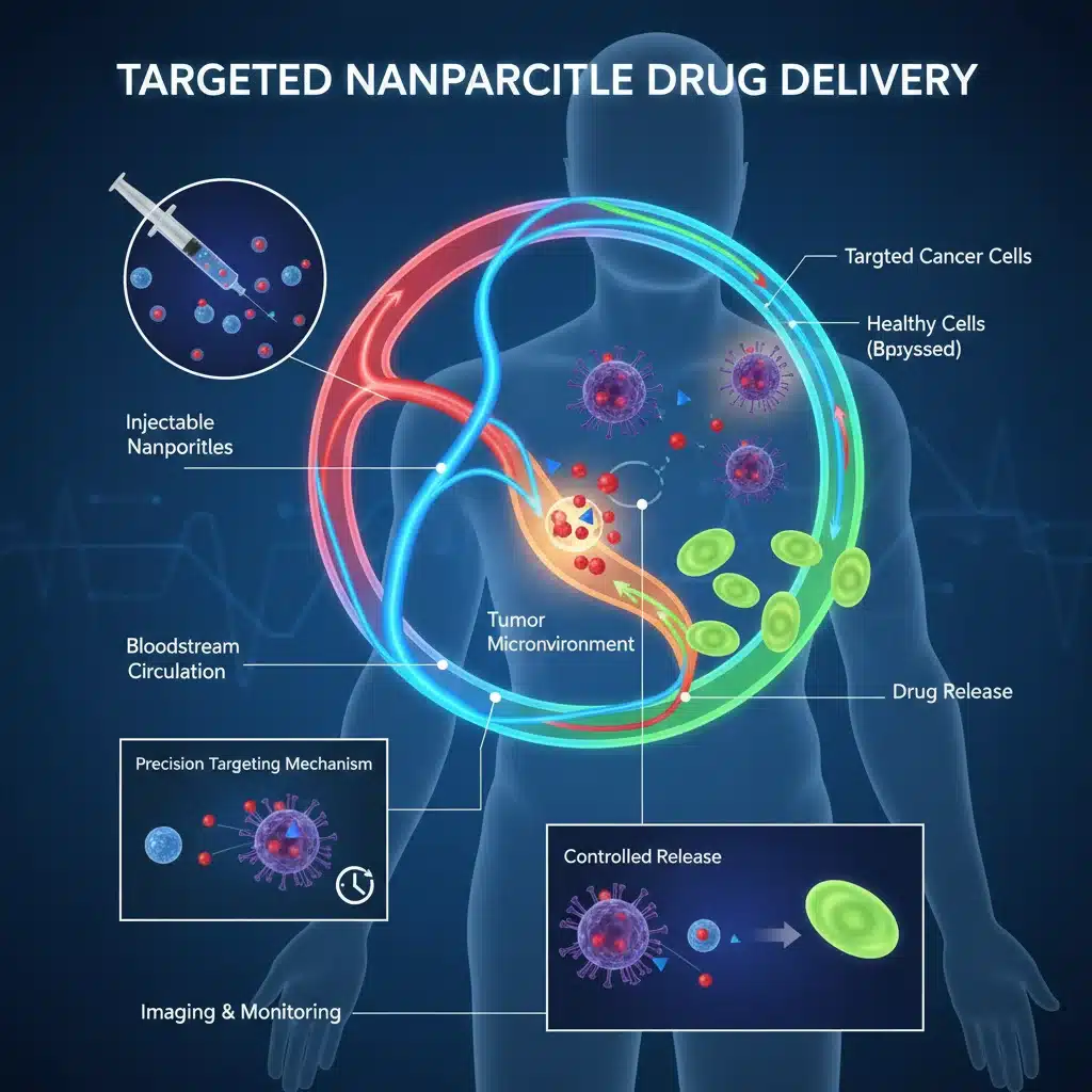 Representación de nanopartículas para administración de fármacos dirigida en medicina.
