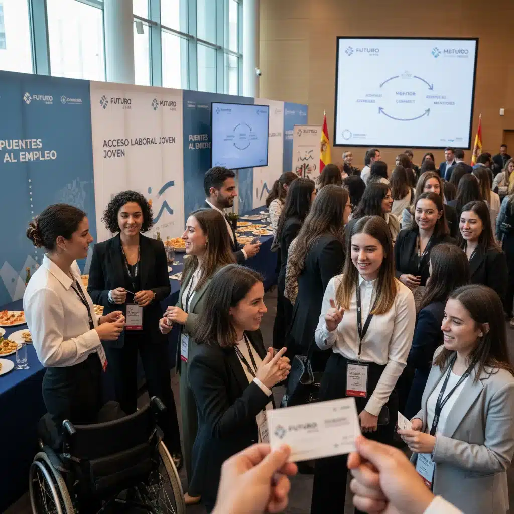 Jóvenes profesionales haciendo networking en un evento de empleo.