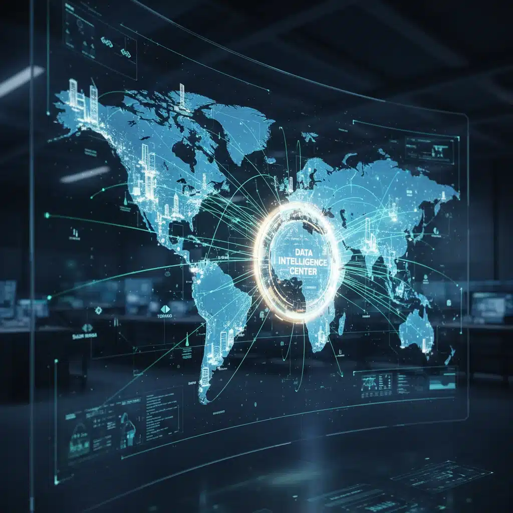Mapa global con nodos de datos interconectados, representando cadenas de suministro y comportamiento del cliente.