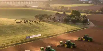 Paisaje agrícola español al amanecer, con maquinaria moderna y ganado, simbolizando las ayudas a la agricultura y ganadería.