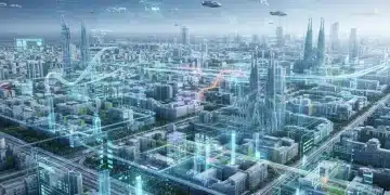 Paisaje urbano español futurista con gemelo digital, mostrando infraestructura y datos en capas transparentes.