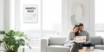 Pareja joven revisando documentos sobre ayudas al alquiler en un hogar moderno y luminoso.