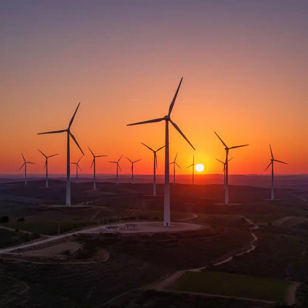 Parque eólico en España al atardecer, simbolizando la apuesta por las energías renovables y la sostenibilidad.