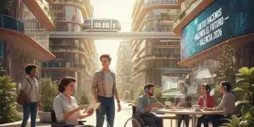Grupo diverso de personas con discapacidad en España, interactuando en un entorno moderno y accesible, simbolizando apoyo e inclusión en 2026.