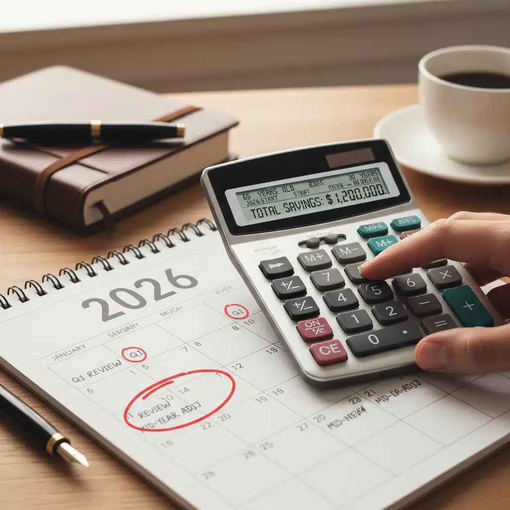 Mano con calculadora y calendario de 2026, simbolizando la planificación financiera y el futuro de las pensiones.