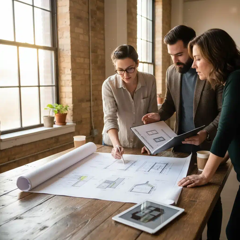 Arquitectos y propietarios revisando planos para reforma energética de vivienda