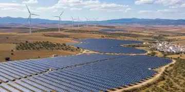 Vasta planta solar y aerogeneradores en un paisaje español, simbolizando el futuro energético renovable.