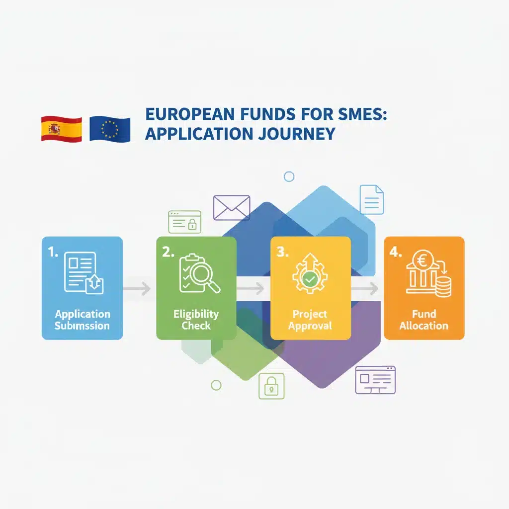 Diagrama de flujo que ilustra el proceso de solicitud de fondos europeos para la digitalización de PYMES.
