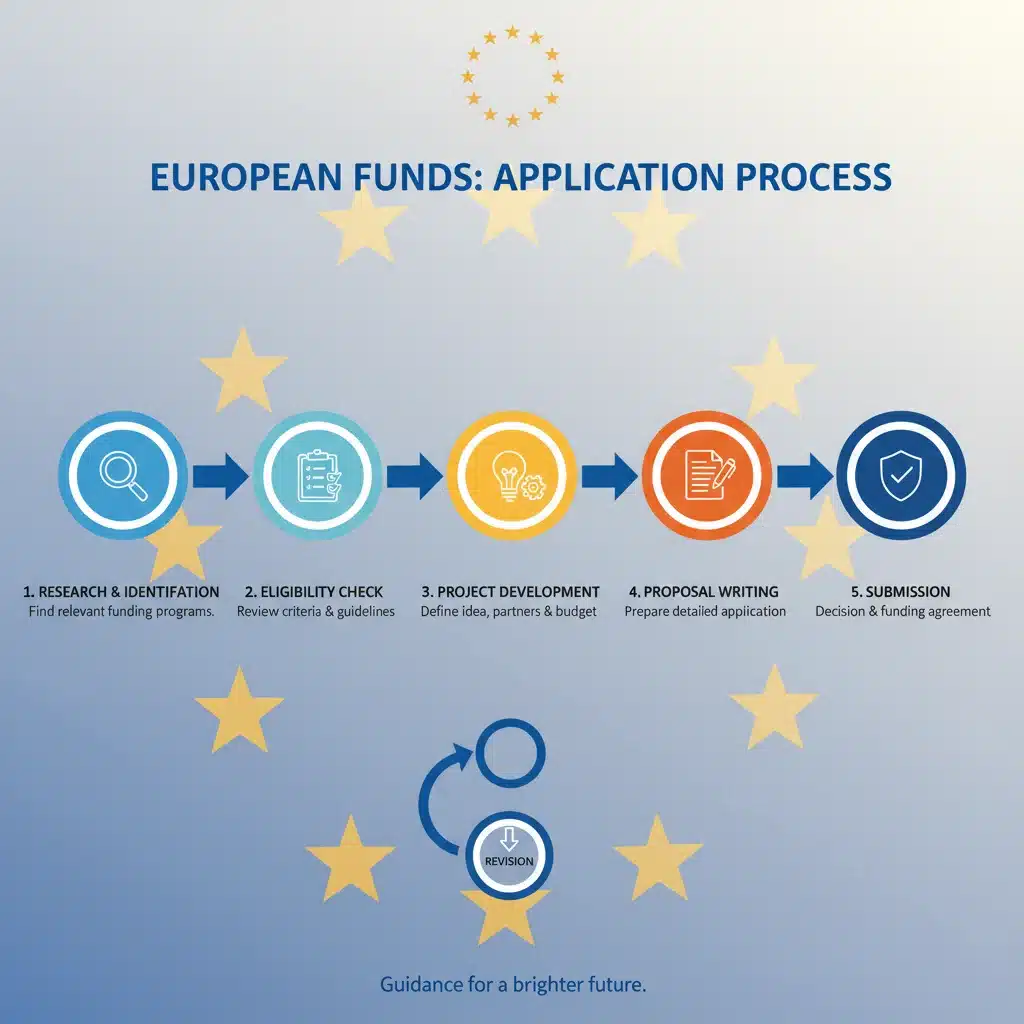 Infografía detallada del proceso de solicitud de fondos europeos para proyectos de formación.