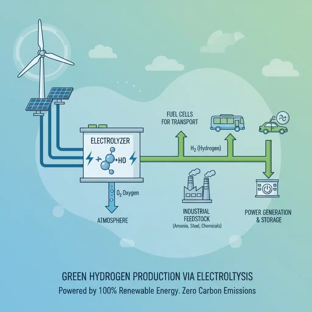 Esquema de producción de hidrógeno verde mediante electrólisis, alimentado por energía eólica y solar, con aplicaciones industriales.