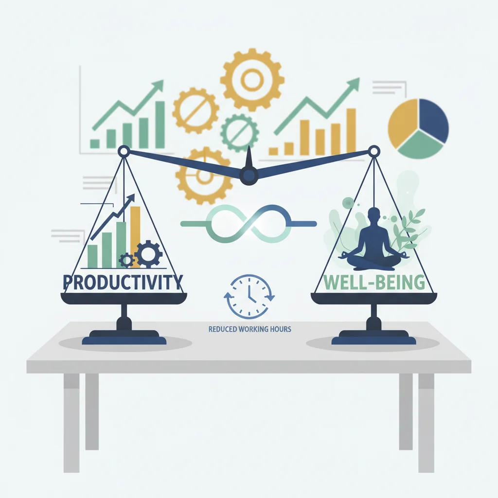 Balanza equilibrando productividad y bienestar laboral, representando los beneficios de la reducción de jornada.