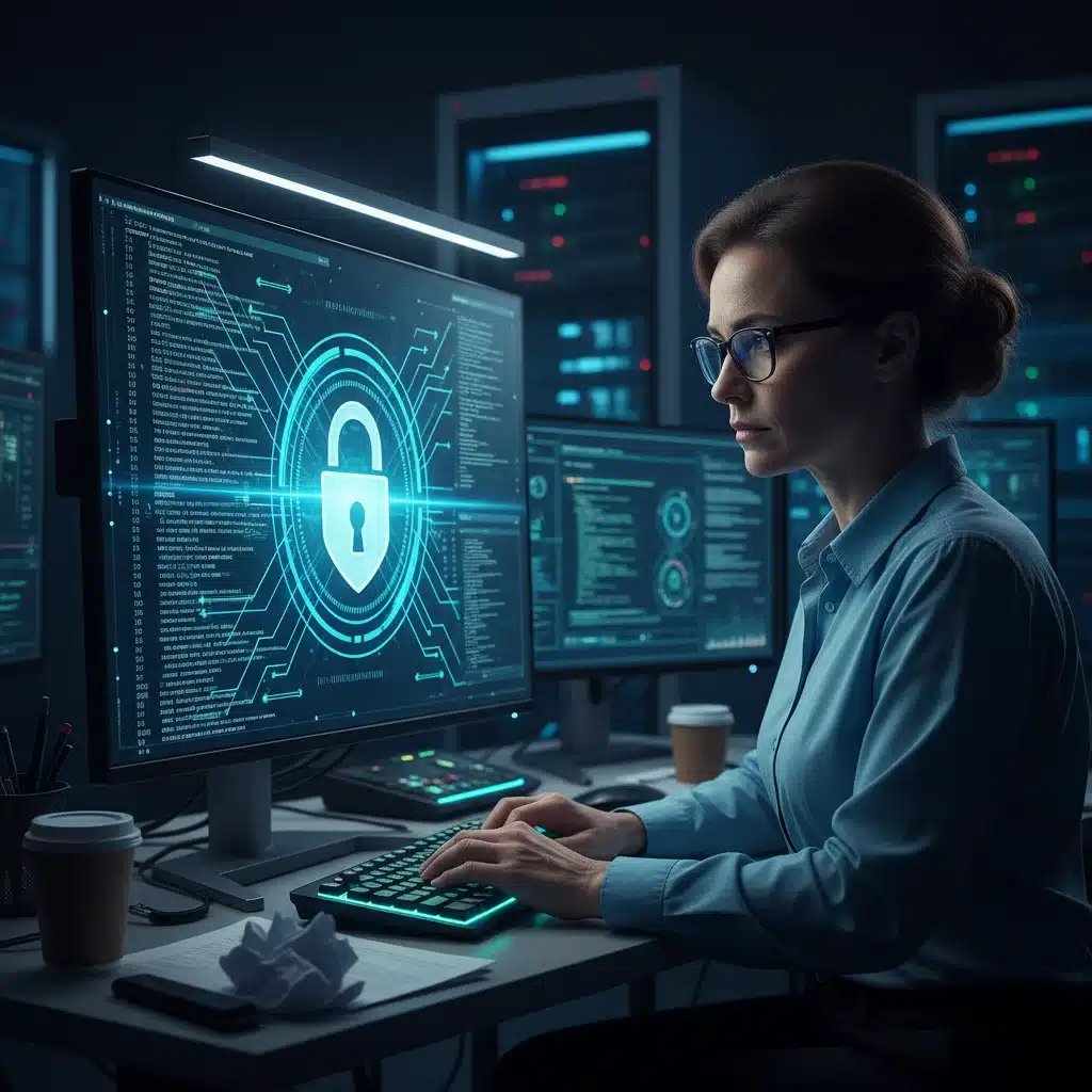 Experto en ciberseguridad protegiendo una red digital, ilustrando la importancia de la seguridad online.