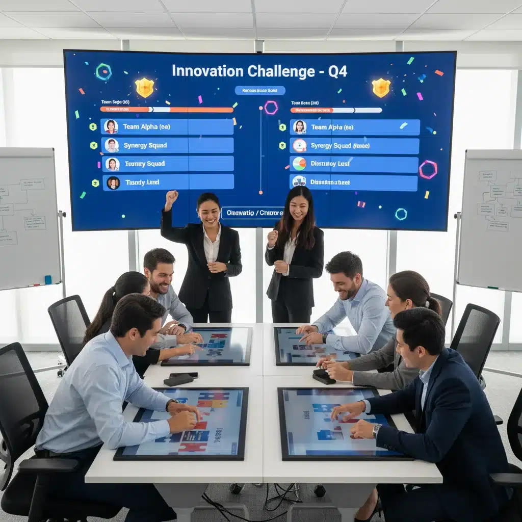 Grupo de profesionales interactuando y colaborando en un entorno de aprendizaje digital gamificado, mostrando motivación.