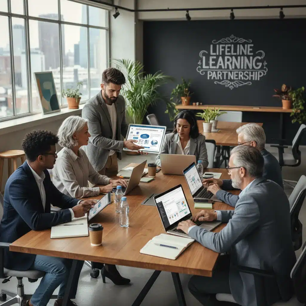 Profesionales colaborando y aprendiendo en línea, representando el desarrollo continuo a través de MOOCs.