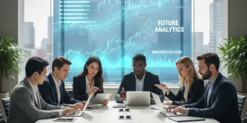 Profesionales diversos aprendiendo en una sesión de formación digital, con tecnología y gráficos futuristas de fondo en una oficina moderna.