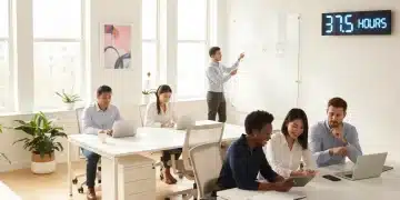 Profesionales diversos en una oficina moderna, simbolizando la nueva jornada laboral de 37,5 horas en España para 2026.