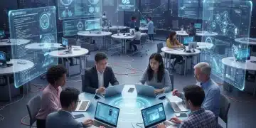 Transformación Digital Educativa España: Formación Docente 2026 Profesores en formación digital interactuando con tecnología en un aula moderna.