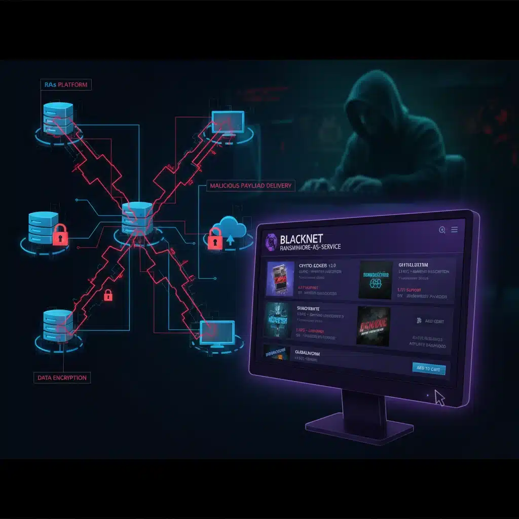 Representación visual de Ransomware como Servicio (RaaS) con código malicioso y un mercado oscuro.