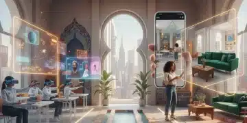 Estudiantes y consumidores interactuando con realidad aumentada y virtual en un entorno español futurista.