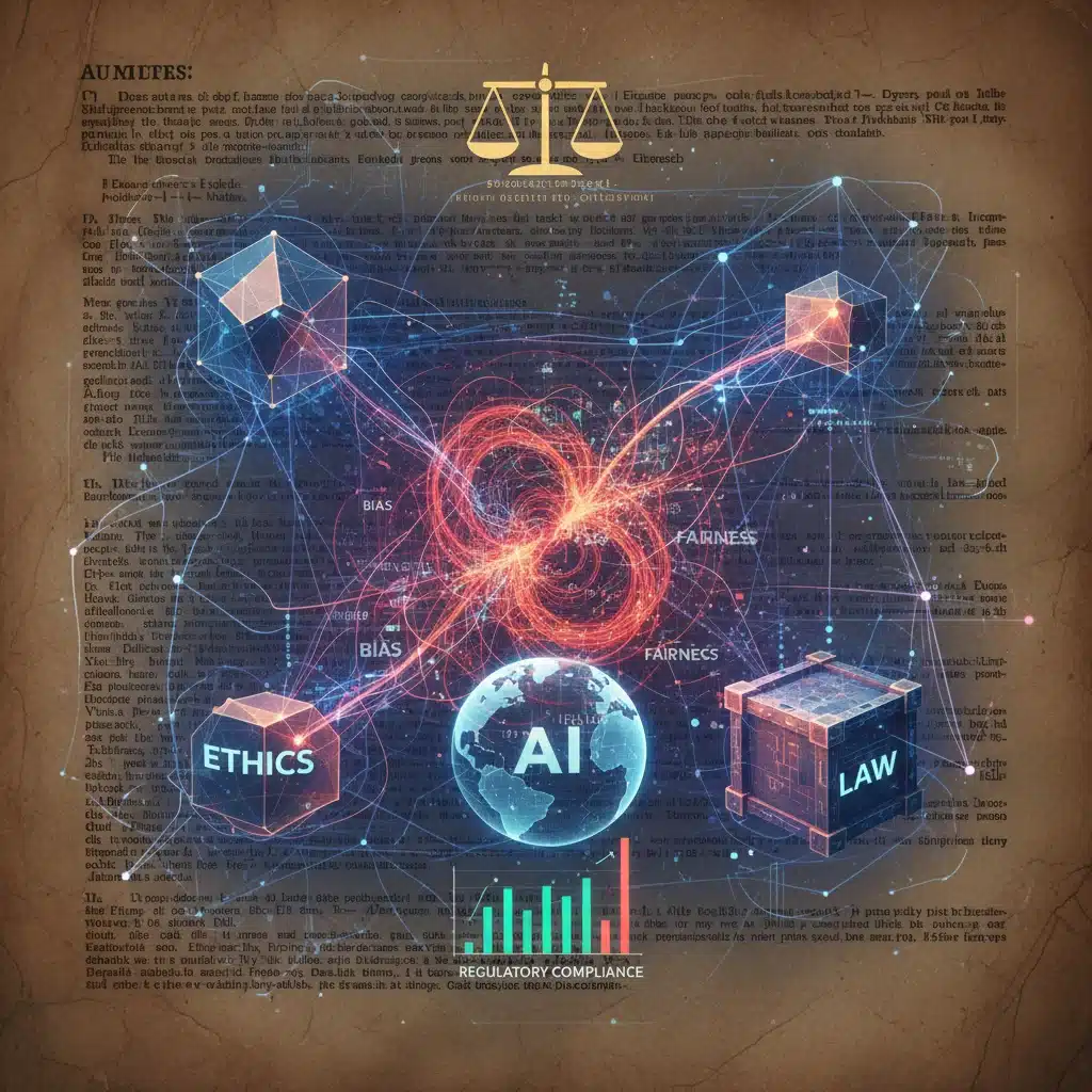 Documento legal con algoritmos y visualizaciones de datos, simbolizando la regulación de la IA.