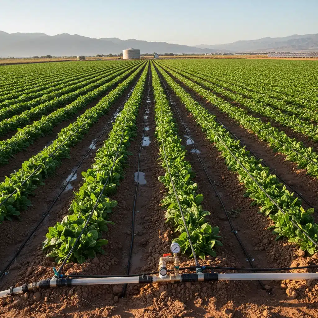 Campo agrícola con sistema de riego por goteo, demostrando eficiencia hídrica en la agricultura española.