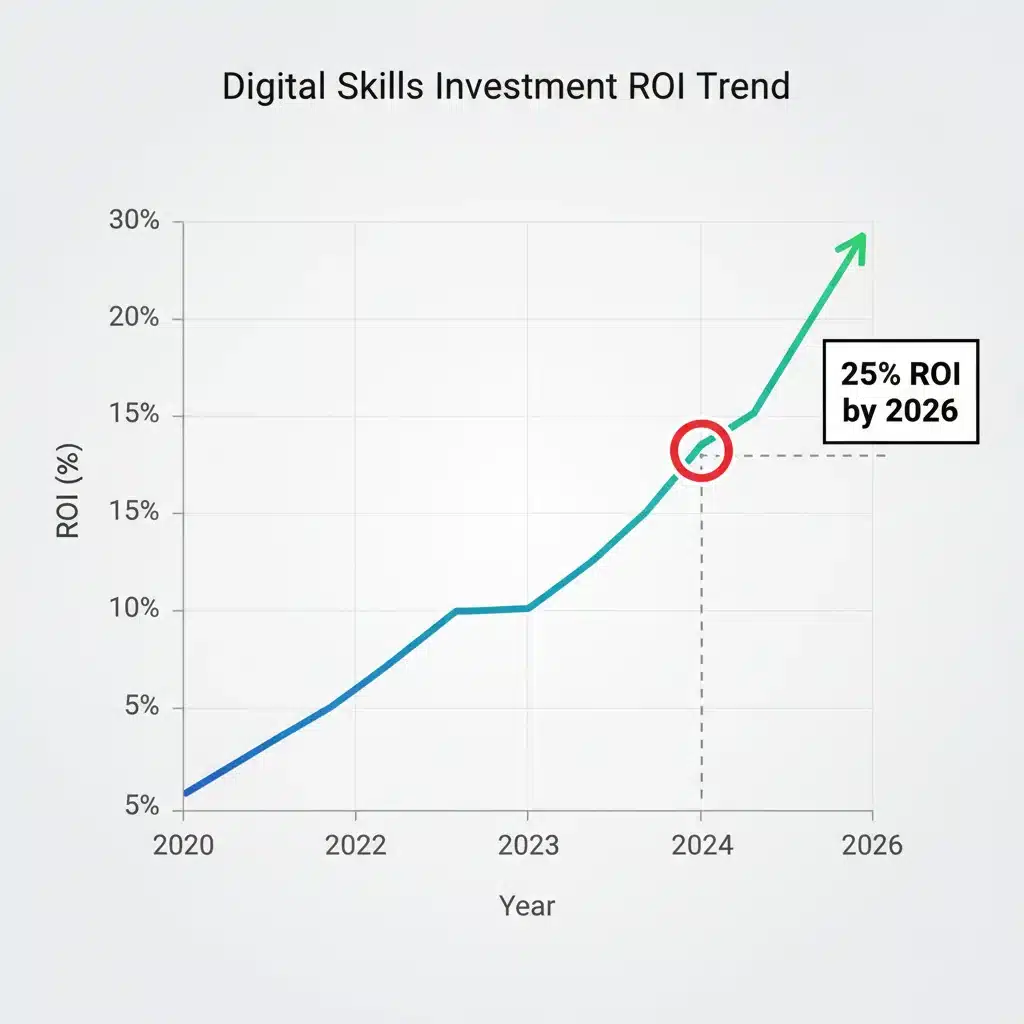 Gráfico que ilustra el retorno de inversión creciente en habilidades digitales hasta alcanzar el 25% en 2026.