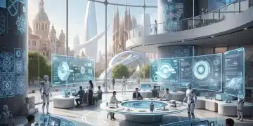 Oficina futurista en España con robots y humanos trabajando juntos, simbolizando la automatización y eficiencia empresarial.