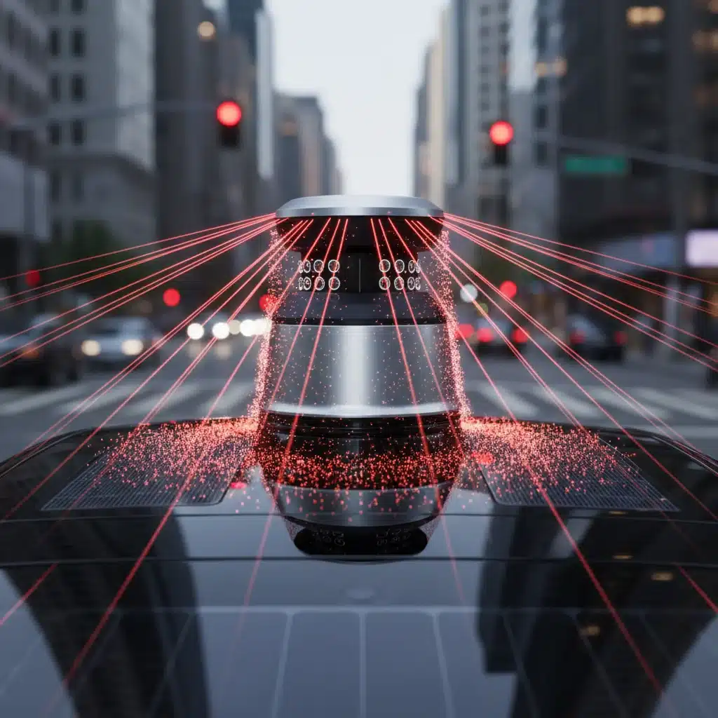 Primer plano de un sensor LiDAR de alta tecnología en el techo de un vehículo autónomo, escaneando el entorno.