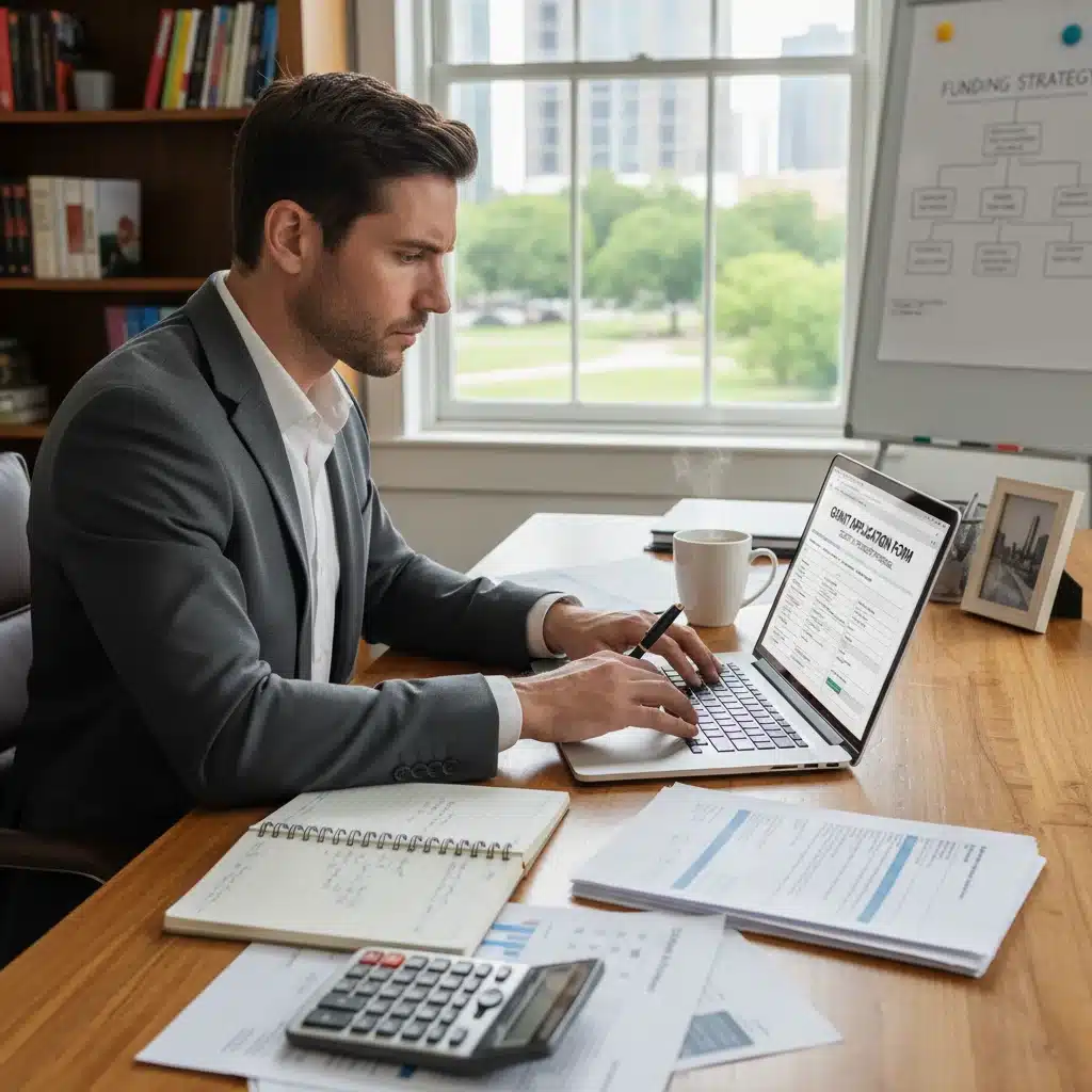Persona rellenando una solicitud online para una subvención de emprendimiento, destacando el proceso administrativo.