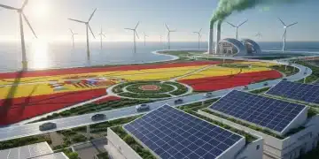 Paisaje español con paneles solares, turbinas eólicas marinas e infraestructura de hidrógeno verde, simbolizando la sostenibilidad energética.