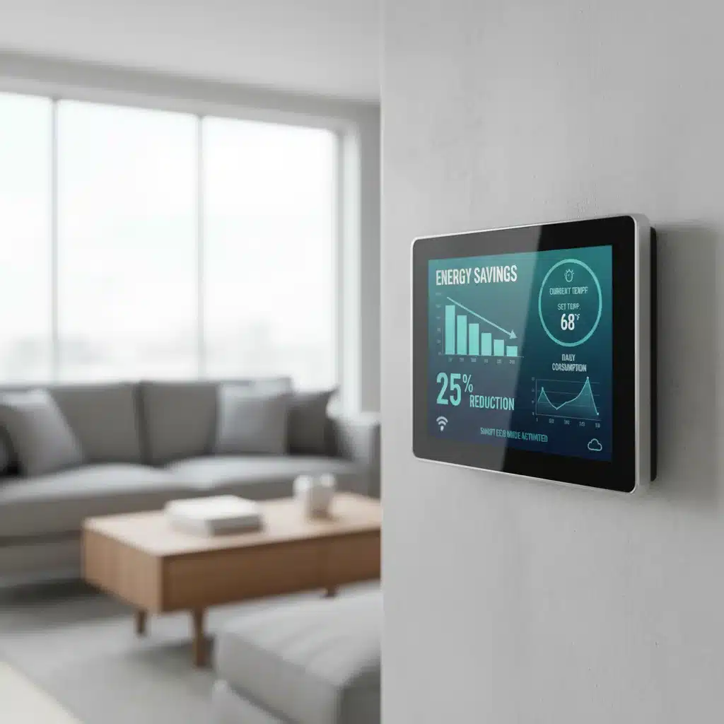 Termostato inteligente mostrando datos de consumo energético en un hogar