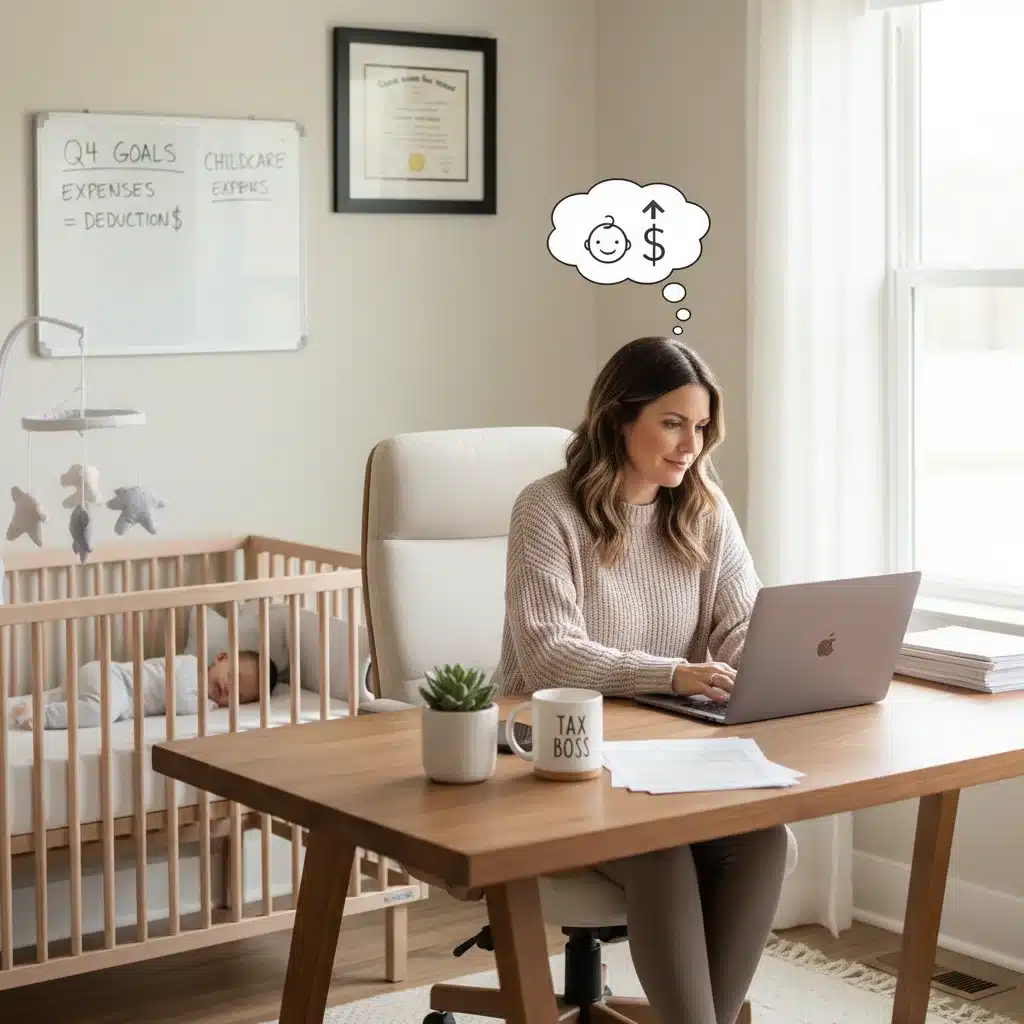 Mujer trabajando desde casa con cuna de bebé, representando la conciliación y deducciones.