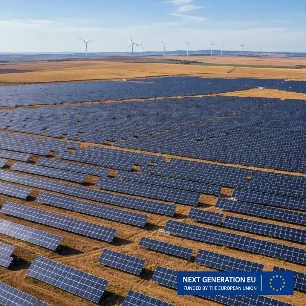 Paneles solares y aerogeneradores en un paisaje español, representando la inversión en transición ecológica.