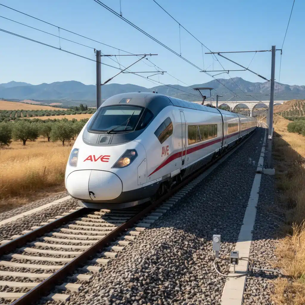 Tren de alta velocidad AVE circulando por una vía moderna, símbolo de la mejora del transporte ferroviario.