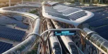 Tren de alta velocidad moderno llegando a una estación en España, simbolizando la inversión en transporte público.