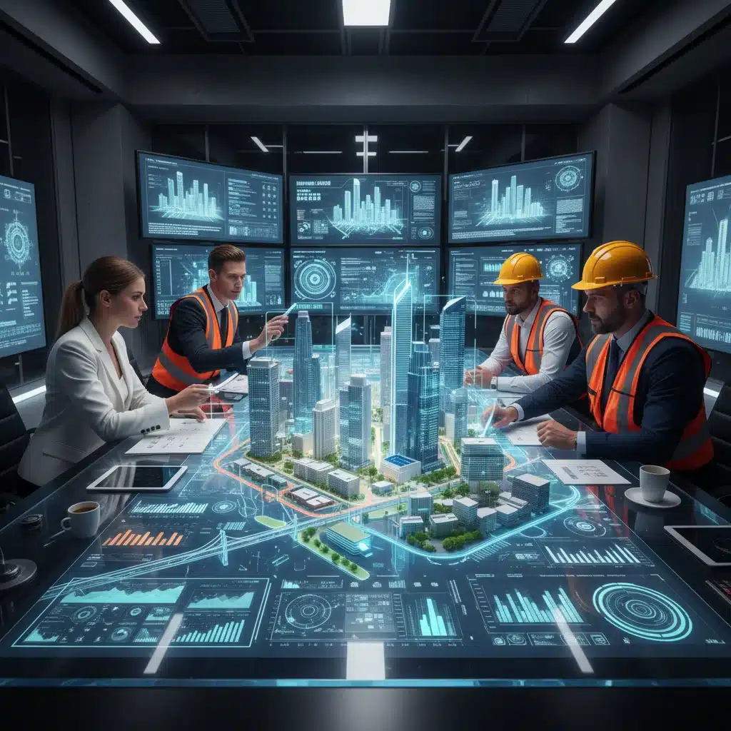 Urbanistas y ingenieros analizando un gemelo digital de ciudad en pantallas holográficas, tomando decisiones colaborativas.