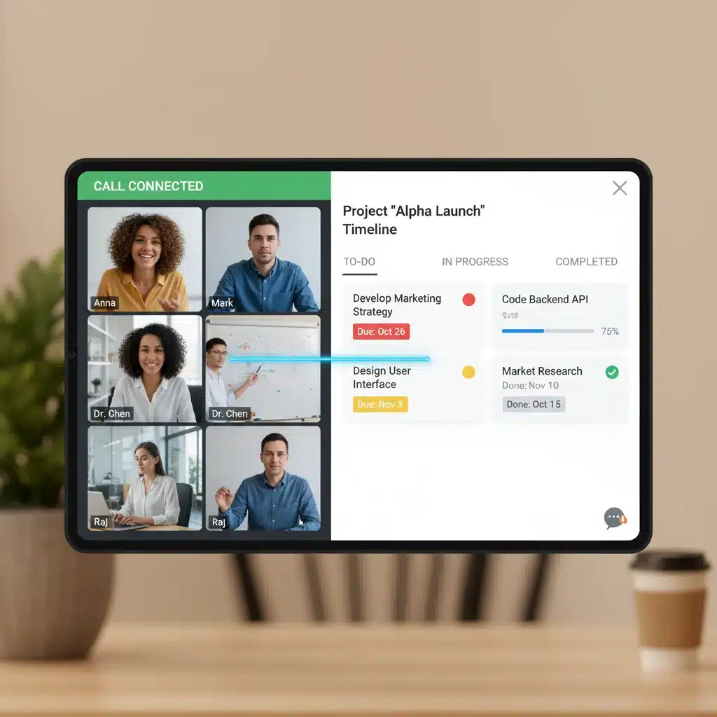 Pantalla dividida con videollamada y panel de gestión de proyectos para teletrabajo