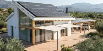 Vivienda moderna y eficiente energéticamente en España con paneles solares y jardín.